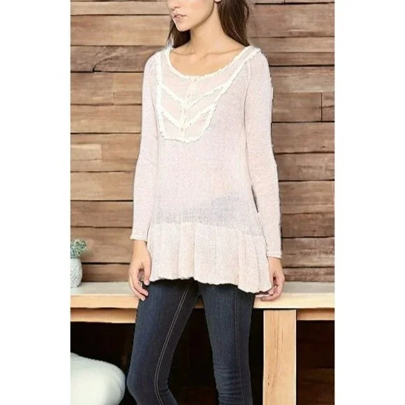 Free People S Lace Trimmed 100% Linen Oatmeal Sweater - Picture 1 of 7